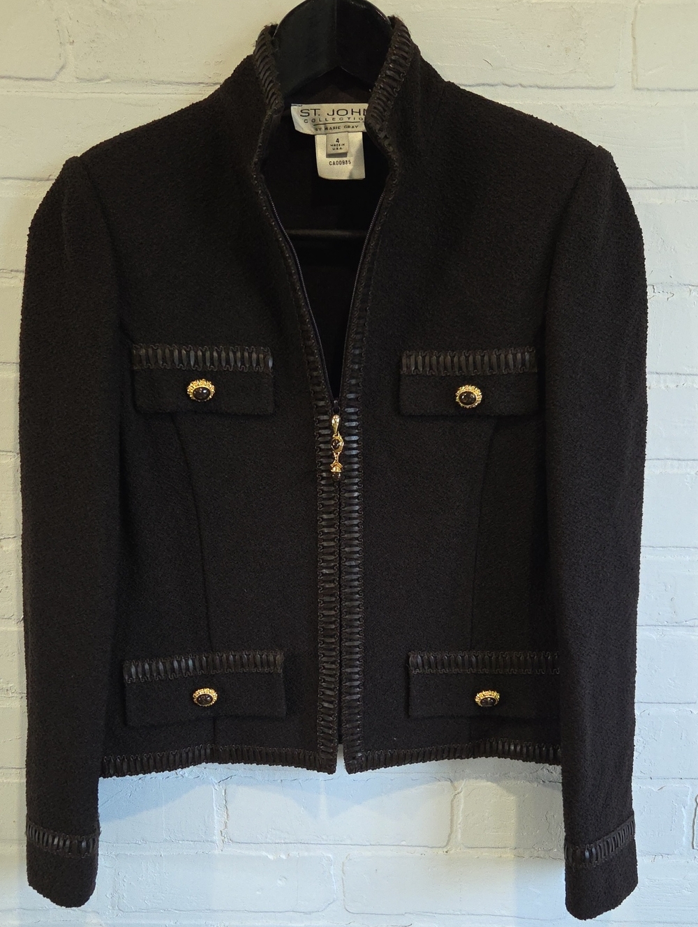 St. John Collection Vintage Chocolate Bouclé Zip Blazer with Gold Buttons